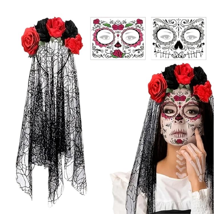 Party Ready Gothic Lace Hairpiece Set with Rose Trim and Matching Gloves for Halloween Cosplay Costume Looks and Photos