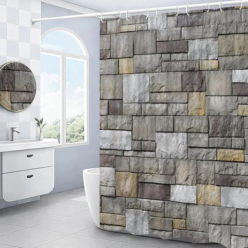 3D Kamenná zeď Sprchový závěs Vintage Starý Koupelnový závěs Rustikální Venkovská Koupelnová dekorace s háčky Polyesterová Tkanina Pratelná Látka