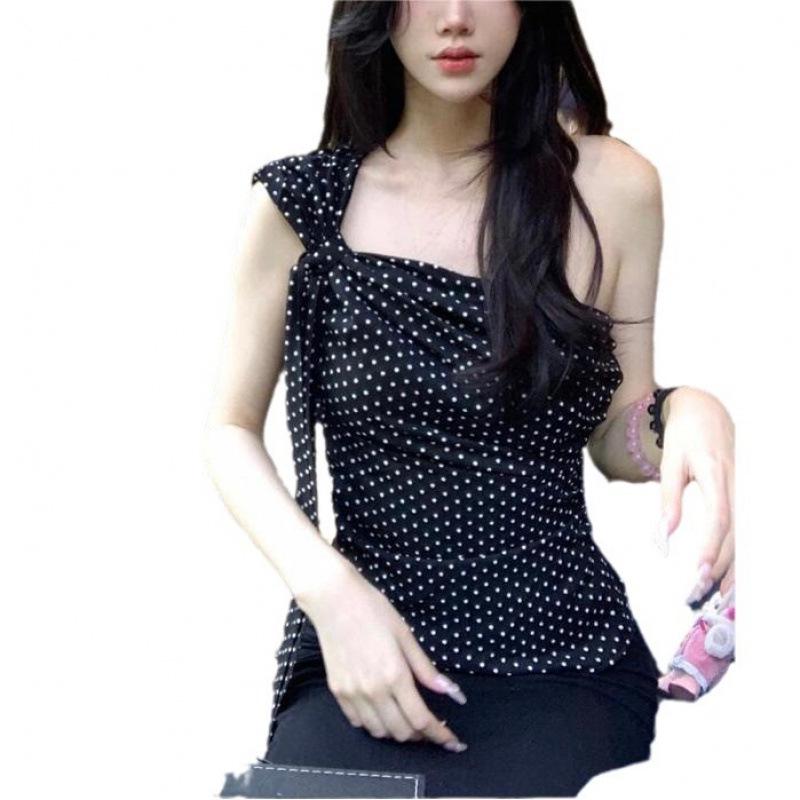 2024 Summer Polka Dot Chiffon Off-Shoulder Camisole - Slim Fit Sexy Style Women's Top