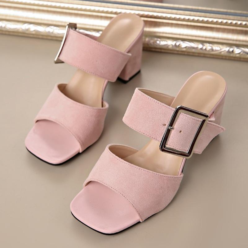 Fashion Summer New High-heeled Suede Square Toe Exposed Metal Buckle One-foot Anti-slip and Wear-resistant Slippers