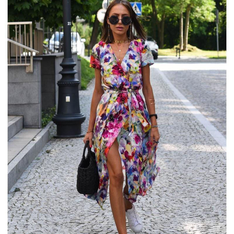 Women Floral Print Long Dresses Summer Sexy V Neck Split Lace-up Dress Female Casual Elegant Short Sleeve Beach Dress Vestidos