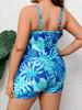 Große Größen Damen Einteiler Boy Short Badeanzug Tropischer Blauer Blattdruck Cami Bauchkontrolle Konservativer Badeanzug Strand Badebekleidung