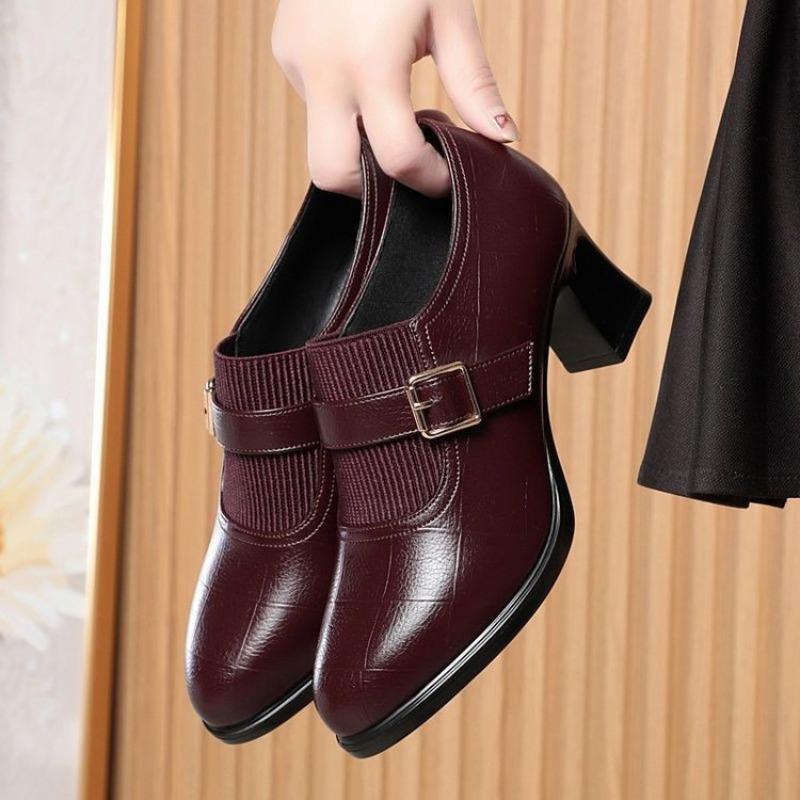 Flying woven pointed elastic splicing thick heel deep mouth single shoes women's autumn versatile retro middle heel fashion small leather shoes