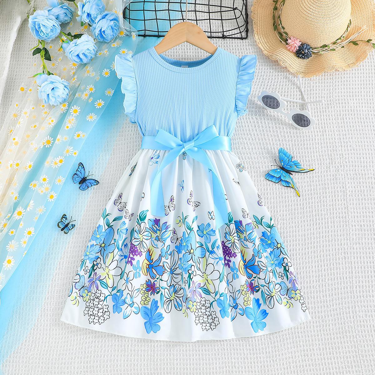 

Girls Summer New Solid Color Ribbed Patchwork Floral Butterfly Print Dress with Ribbon Belt 160cm синій