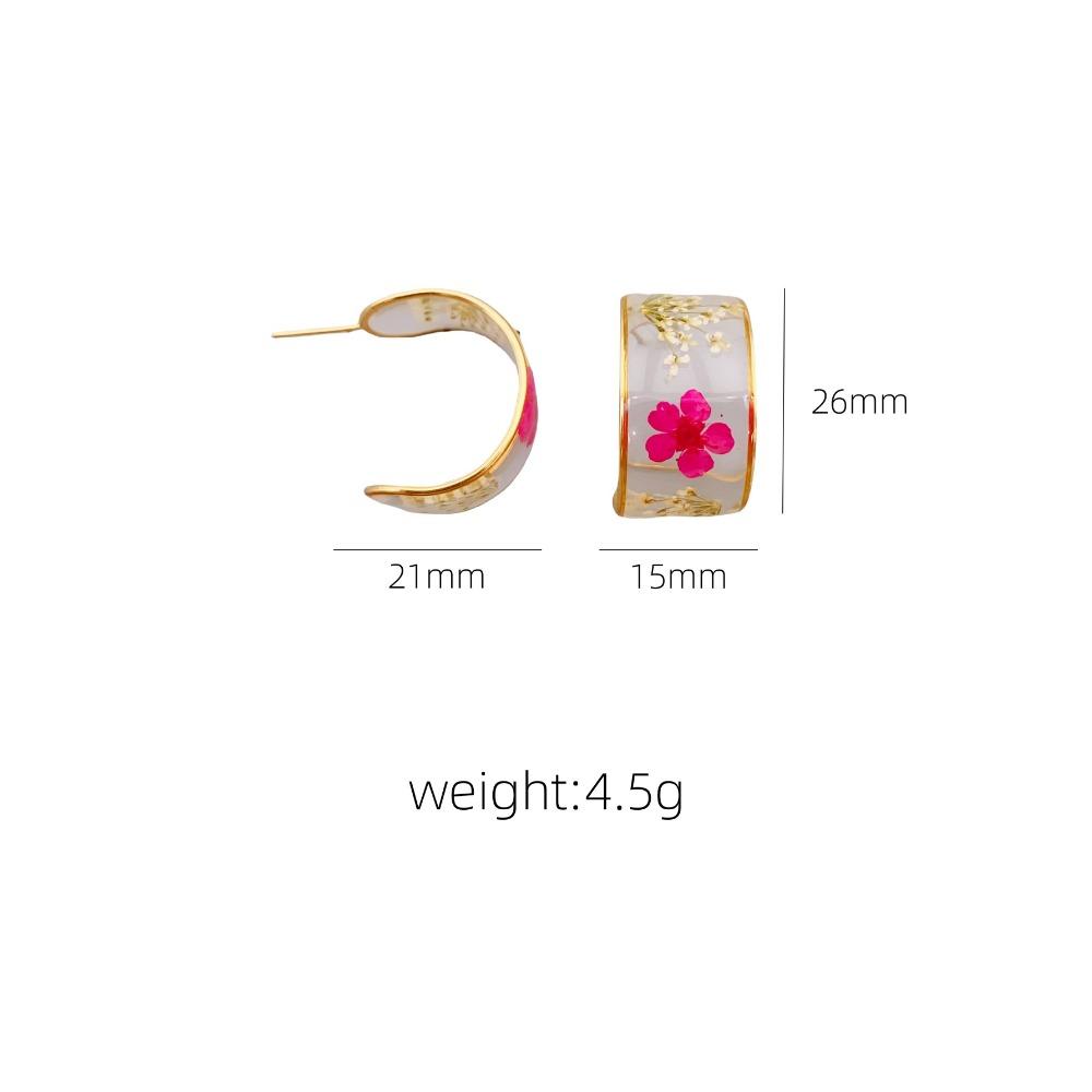 Transparent Resin Dried Flower Earrings for Women, Trendy C-shaped Floral Hoop Earrings, Perfect for Daily Wear