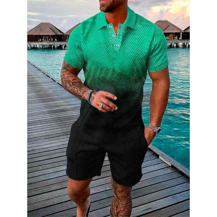 New Men'S Summer Fashion Casual Polo Shirt Collar Casual Set Collar Shorts Set Sports Men'S Solid Color T-Shirt Shorts Running Training Set