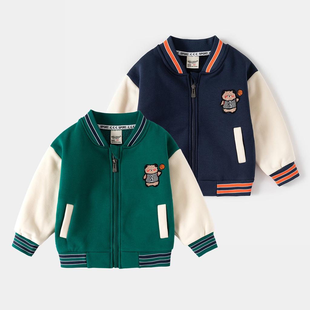 Boys Fleece Lined Zip Up Baseball Jacket Cartoon Embroidered Stand Collar Warm Outerwear Autumn Winter Clothing for Toddler and Kids