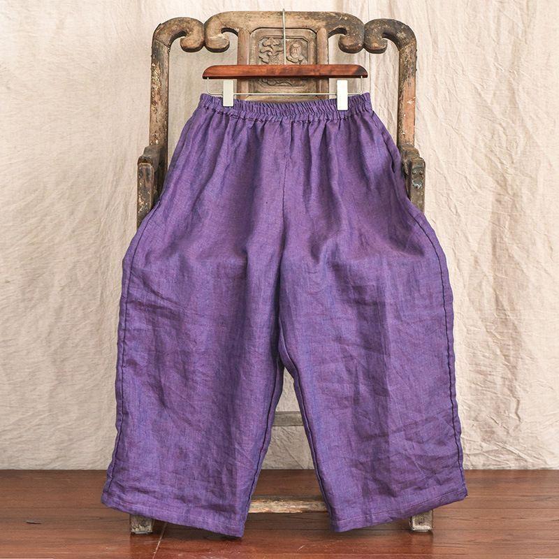 Pantaloni Larghi a Gamba Dritta Corti Tessuto Colorato Cotone e Lino Primavera Larghi Artistici Comodi con Caduta Casual da Donna