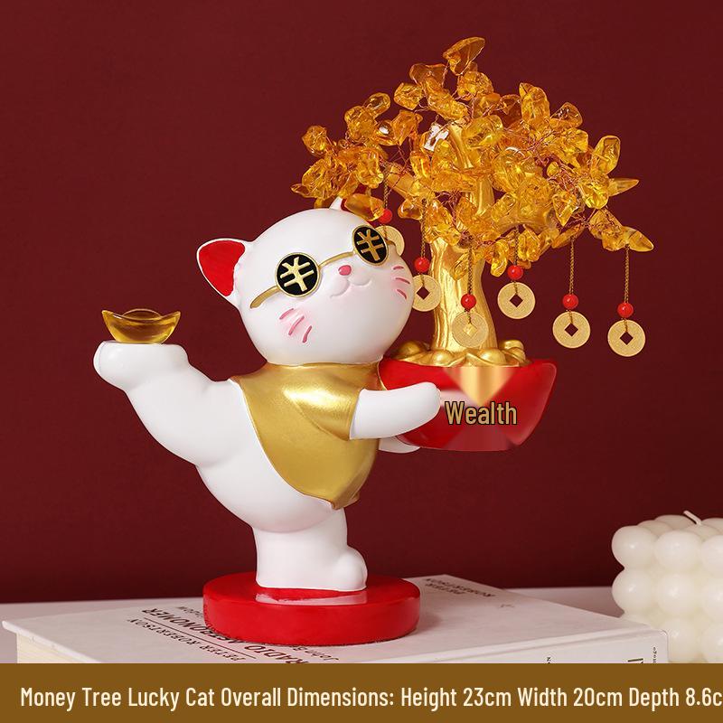 Lucky Cat Crystal Wealth Tree Ornament - High-End Housewarming Gift for New Home Entrance.