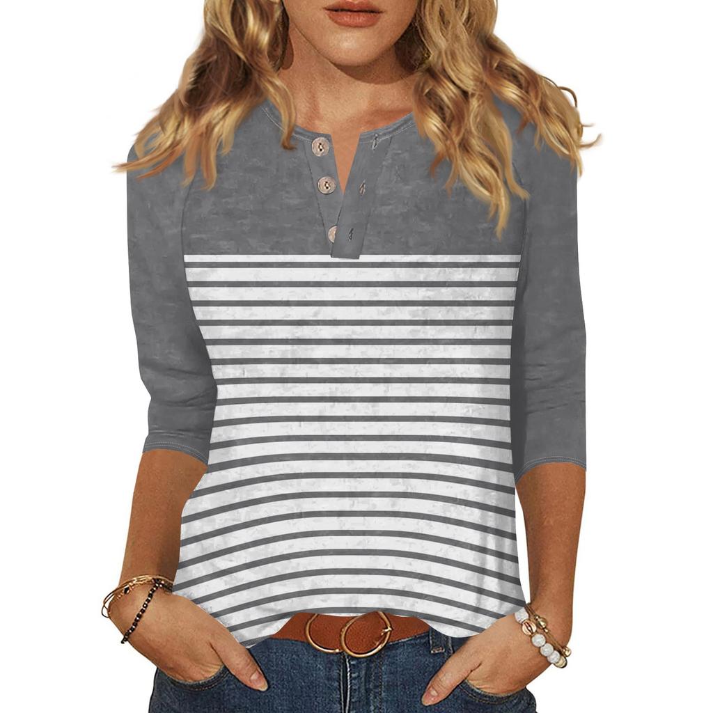 T-shirt imprimé boutonné à manches 3/4 pour femme - Haut basique à col en V - Mode quotidienne - Week-end