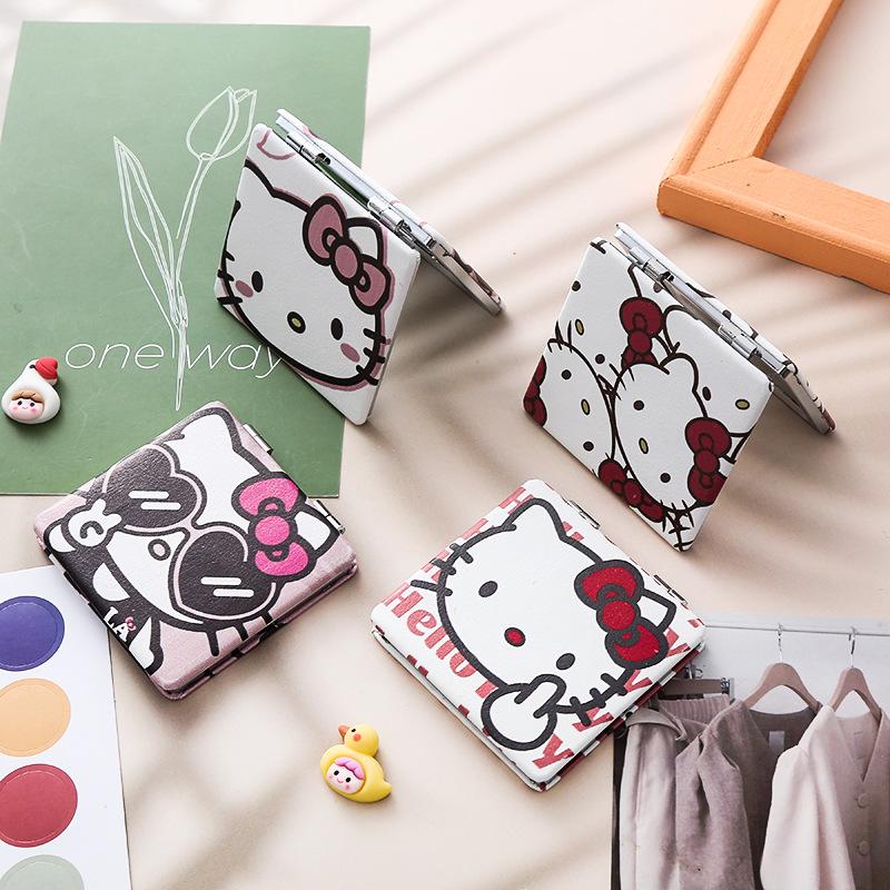 Seria Sanrio Hello Kitty Kawaii Kreskówka Anime Ramka Skóra PU Dziewczęce Serce Mini Składane Mini Dwustronne Lustro Prezent Świąteczny