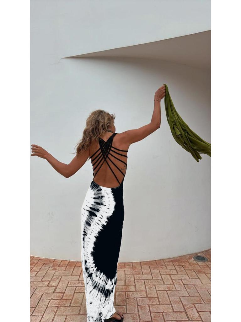 2025 Summer European & American Women's Printed Strap Backless Dress