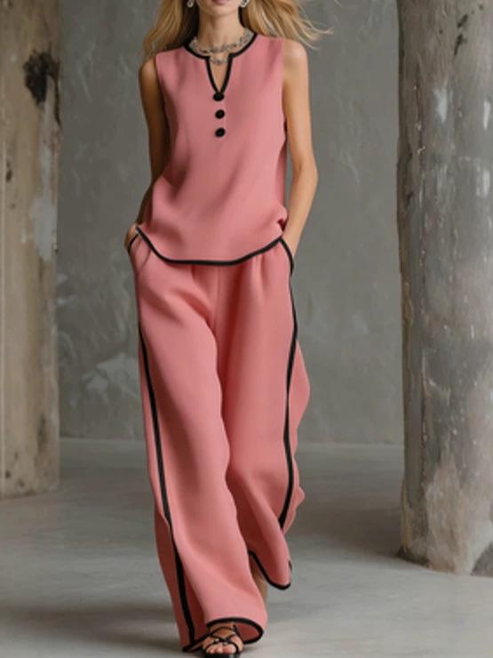 European Style V-Neck Sleeveless Top with Black Trim & Color Blocking, Paired with Simple High-End Wide-Leg Pants - 2026 Summer Collection