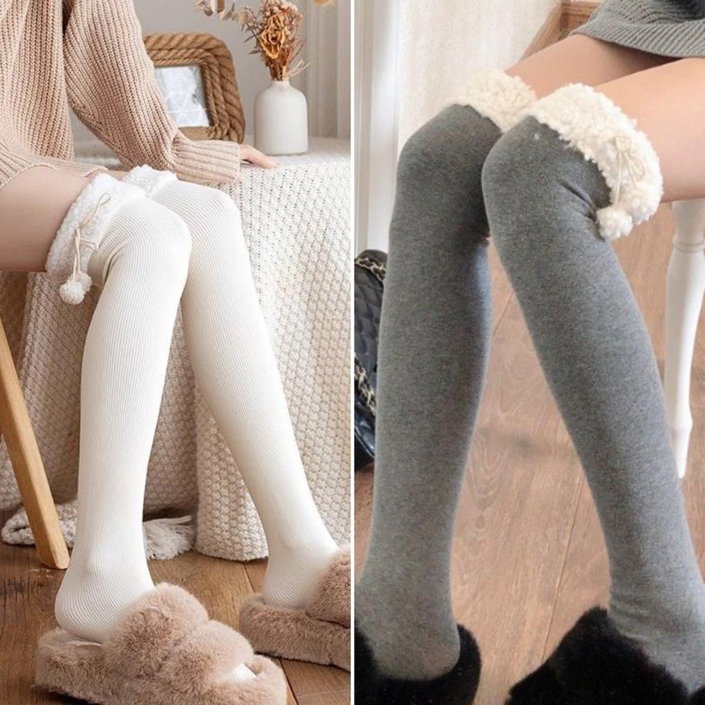 Autumn And Winter Thickened Lamb Wool Cute Sweet Ball Velvet Vertical Stripe Cotton Micro Pressure High Tube Knee Socks Long Tube