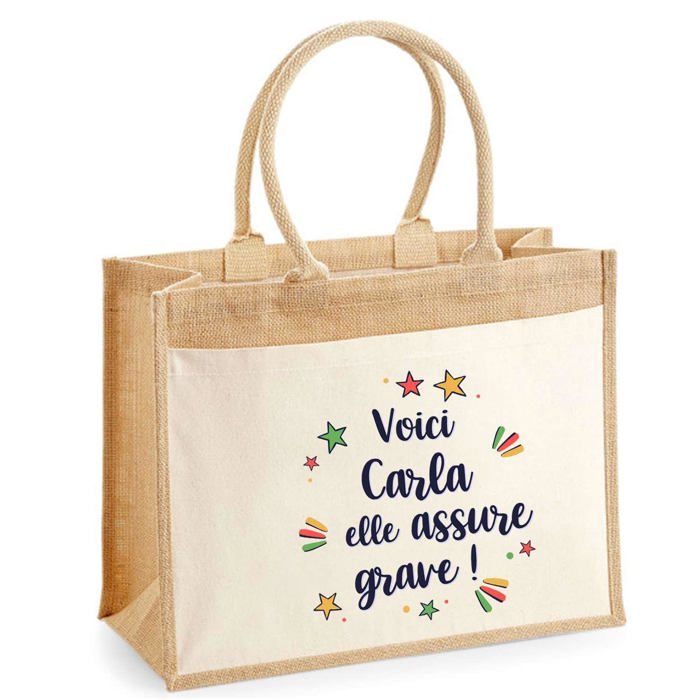 Sac cabas - PLANETEE - jute avec poche Carla elle assure grave ! - Jute - 43 x 33 cm - Imprimé en France