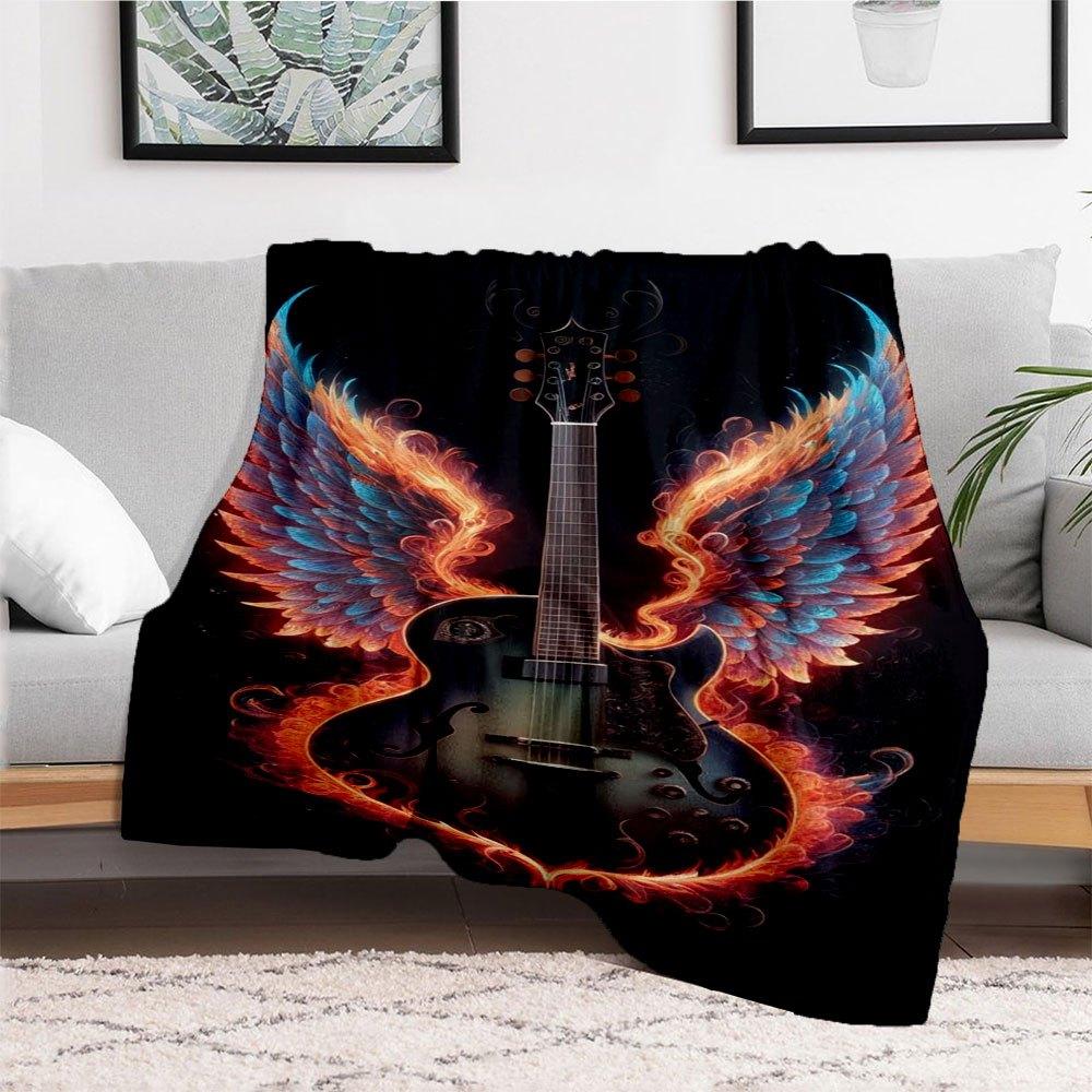 "Angel Wings Electric Guitar - Flame Design"Blanket Flannel Throw Blanket for Sofa, Bed, Travel, Camping, Office
