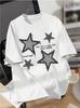 Damen-T-Shirt, distressed Denim Sternenprint Grafik-T-Shirt, lässiges Rundhals-Kurzarm-T-Shirt, Oberteil für ganzjährige tägliche Kleidung