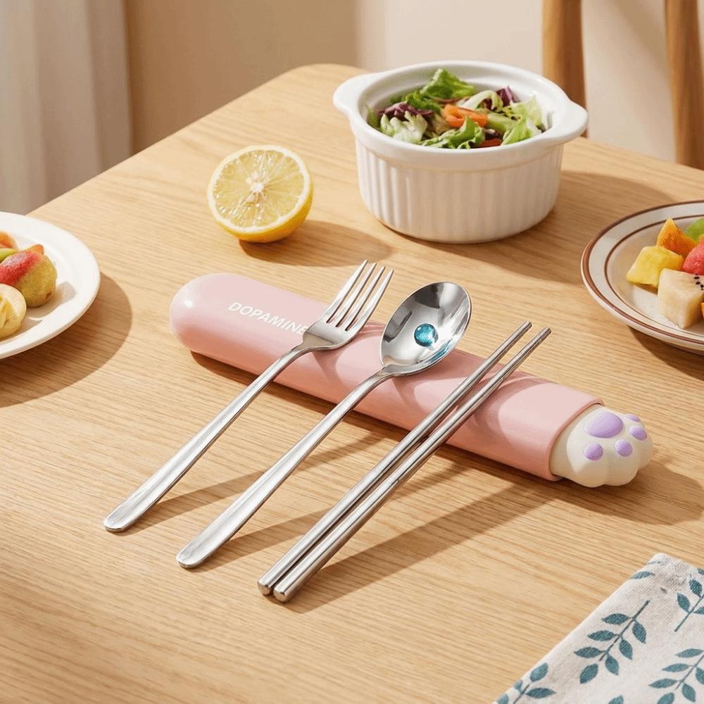 Portable Spoon Fork Chopsticks Set Cat Paw Travel Tableware Set Stainless Steel Cutlery Set Travel