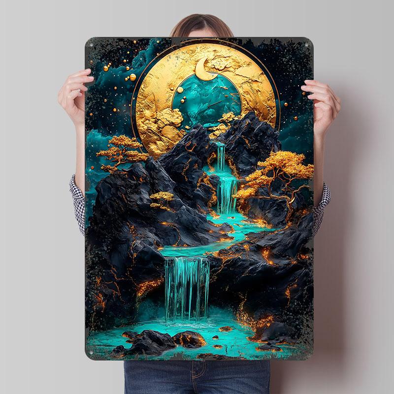 Golden Moon Waterfall Metal Poster Customized Wall Art Retro Vintage Tinplate Signs for Room Decorations Decoration Gaming Decor 20x30cm（7.8x11.8inch）