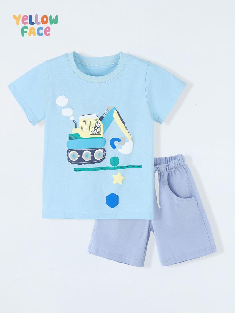European Style Boys' Summer 2-Piece Cartoon Print Set with Round Neck and Short Sleeves