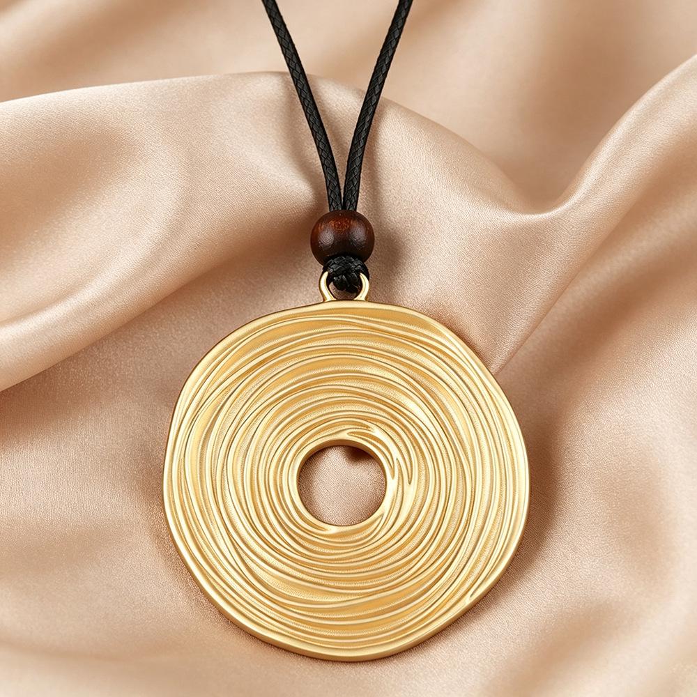 Retro Matte Gold Irregular Round Pendant Necklace with Leather Cord