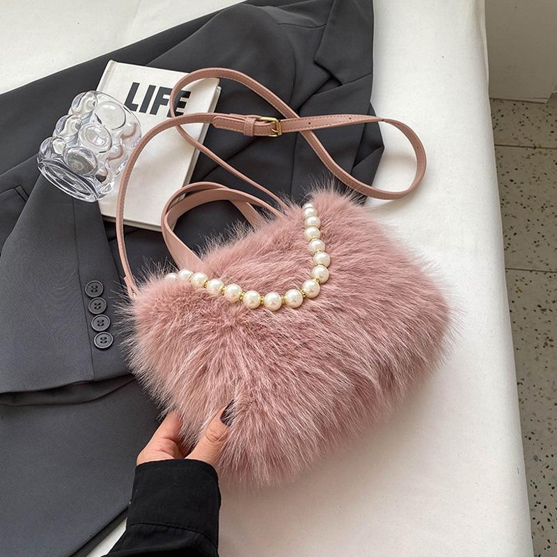 Winter Fashi Faux Fur Crossbody Bags For Women's Gift, Pearl Chain Decor Shoulder Bag, Ladies Handbags Top-handel Bag