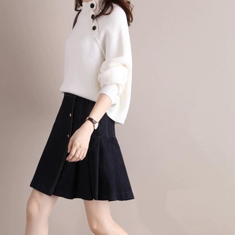 Women Loose Button Solid Color Half High Collar Sweater Korean Temperament Knitted Sweater Women's Tops Bottoming Sweater Sweater Autumn and Winter
