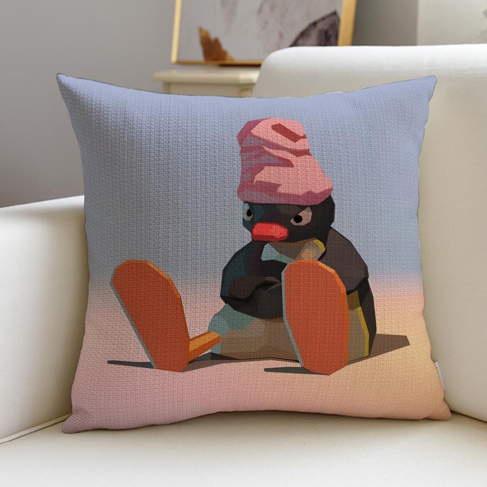 Cute PPinguS Cushion Cover Breathable and skinfriendly linen pillowcase square removable and washable cushion