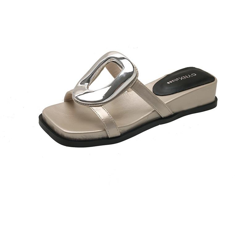 Wedge Heel Slippers Women's Summer Outer Wear High-end Fashion New Metal Buckle Temperament with Skirt Height-enhancing Cool Slippers