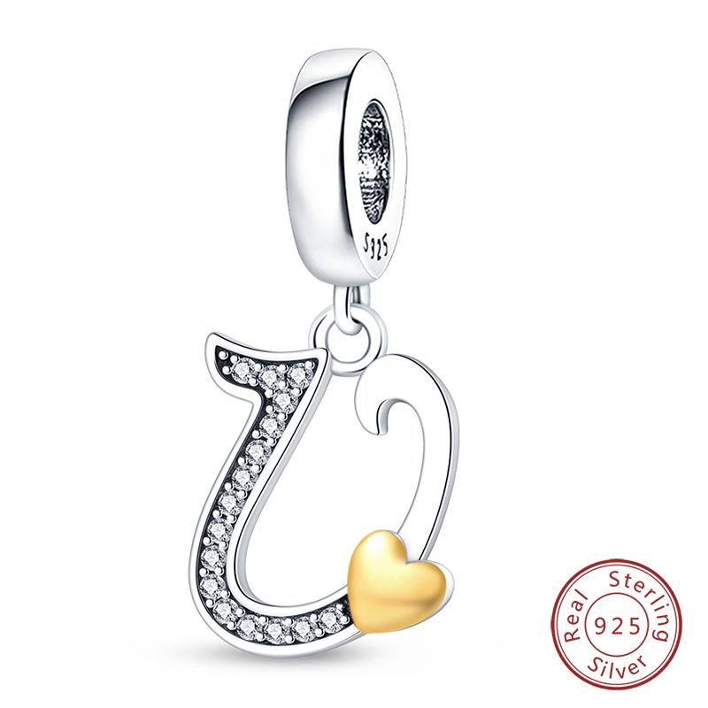 925 Silver Charm Beads Classic Gold Heart-Shaped 26 Letters Pendant For Bracelet DIY Charm Birthday Jewelry