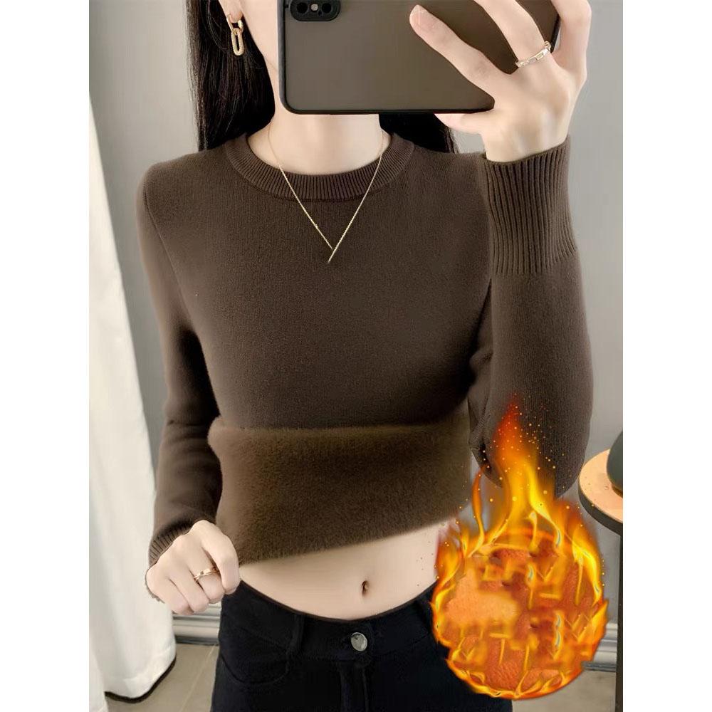 Women's O-neck Plus Velvet Thicken Sweaters Winter Slim Warm Long Sleeve Knitted Tops Casual Plush Fleece Lined Soft Pullover