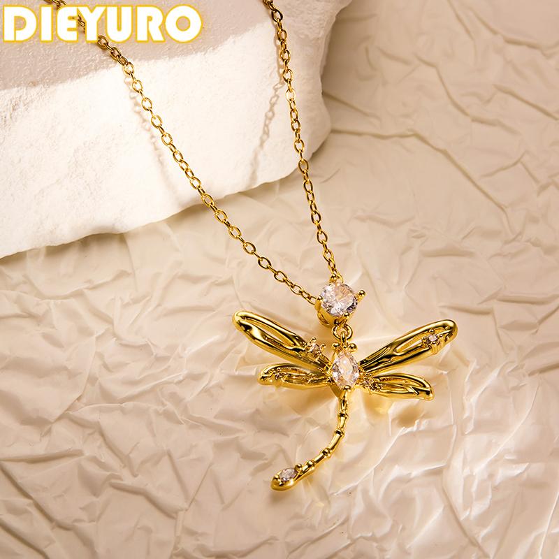 DIEYURO 316L Stainless Steel Hollowed Out Animal Dragonfly Zircon Pendant Necklace For Women New Trend Fashion Neck Jewelry Gift