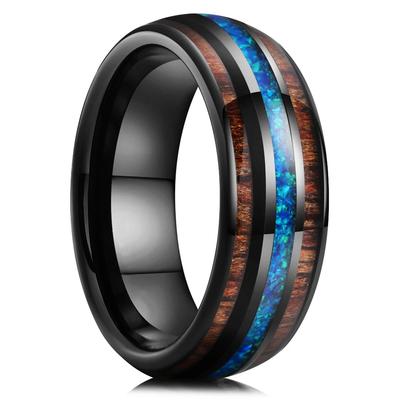 Modische 8mm Edelstahl Hawaiianisches Koa-Holz Ringe Für Männer Mit Blauem Feueropal Ringe Herren Ehering Schmuck Dropshipping