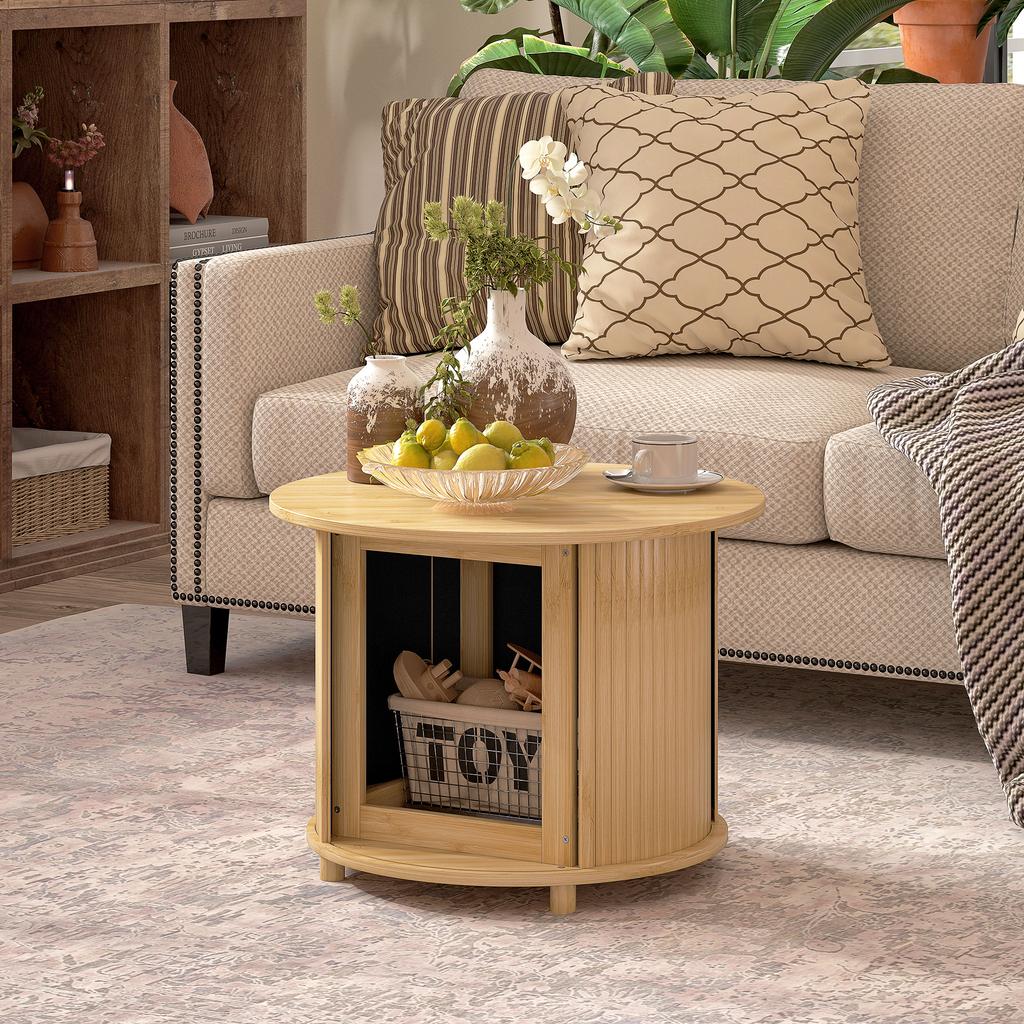 Side Table, Round, with Storage, Sliding Door, Bamboo, Ø60 x 45 cm, Load Capacity up to 20 kg