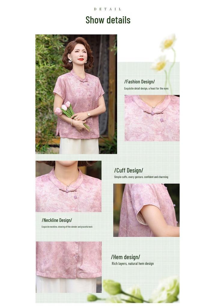 2026 New Style Chinese Stand Collar Top: Fashionable Printed Frog Button Shirt for Middle-Aged & Elderly Women