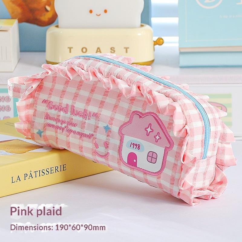 Sweet Frilled Plaid Pencil Bag Cartoon House Embroidery Large Capacity Kawaii Student Stationery Pouch
