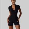Women Short Sleeve Zip Front One Piece Yoga Romper High Stretch Slim Fit Athletic Bodysuit for Fitness Training