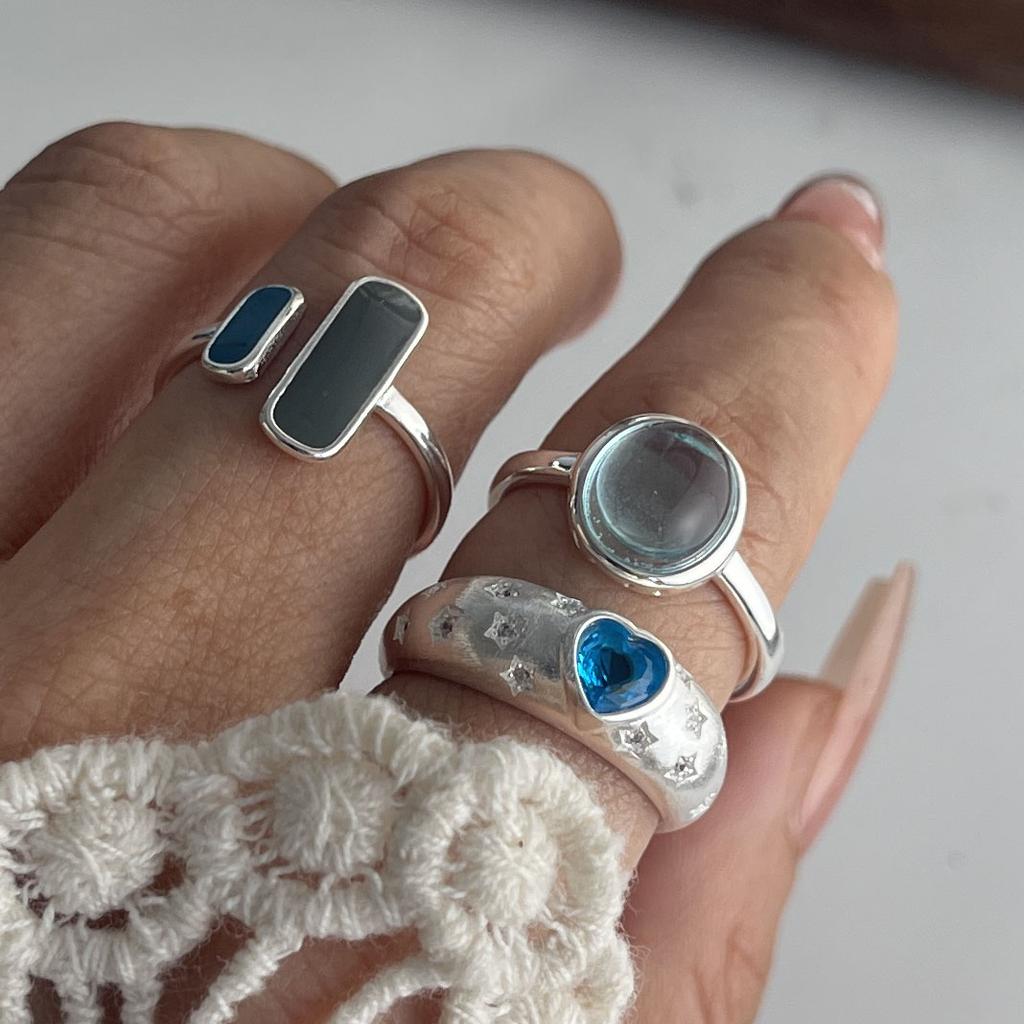925 Silver Rings for Women Couple Minimalist Handmade Blue Pink Stone Shinning Ring Fine Jewelry Gift Prevent Allergy