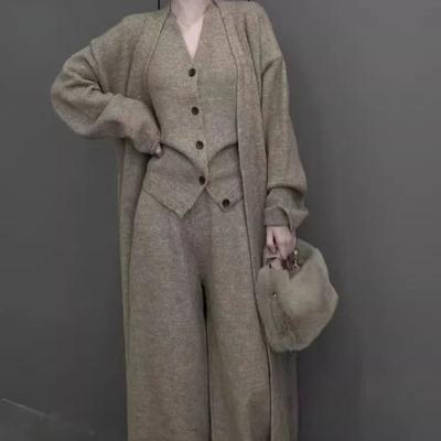 Autumn Winter Women Thick Knited Three Piece Sets Elegant Long Sleeve Sweater Coat and Single Breasted Knit Vest and Trousers