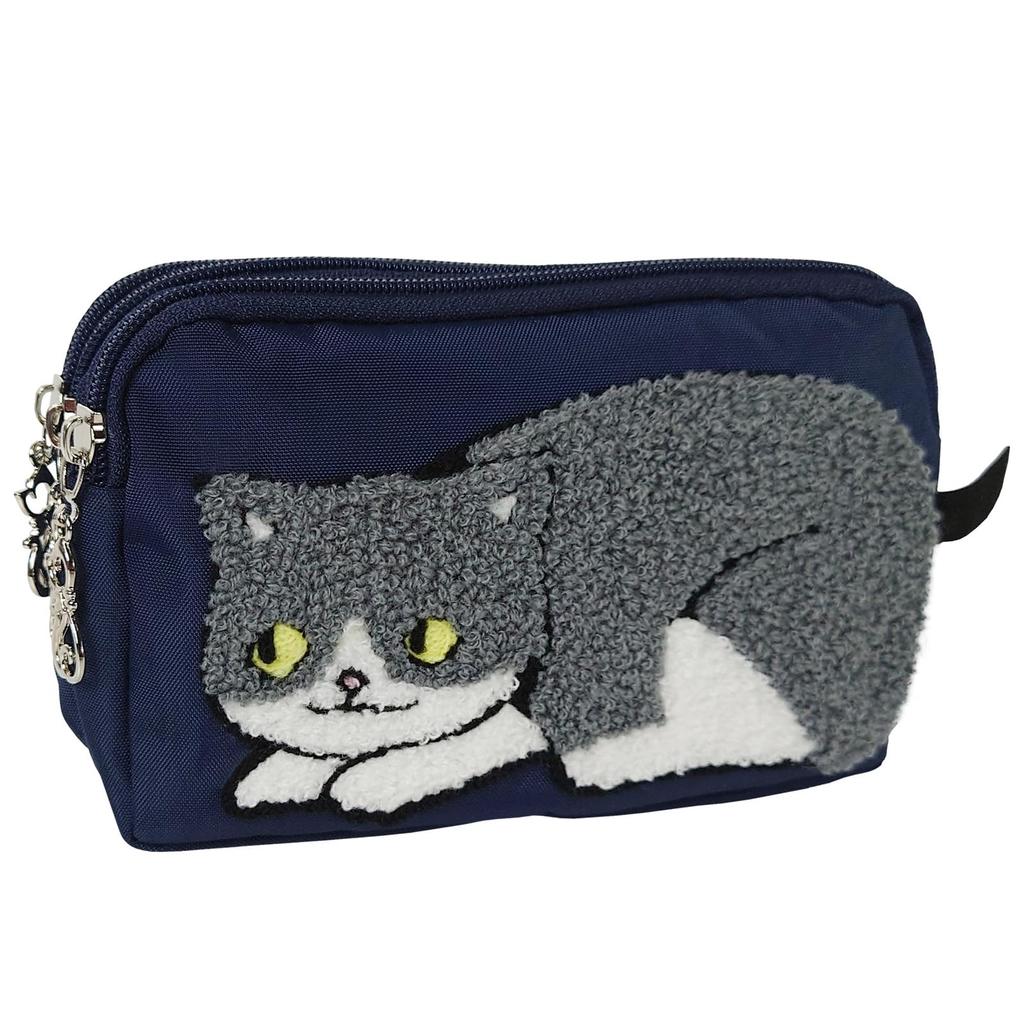 Crossmarberry Cat Small Item Triple ST06 Navy Pouch, Large, Cute, Women's, Design, Stylish, Divided, Storage, Fluffy, Zipper, Horizontal, Portable,