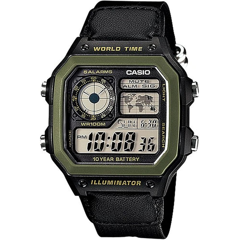 Casio World Time Digital Watch AE-1200WHB-1BV Black Green Color Travel Timepiece