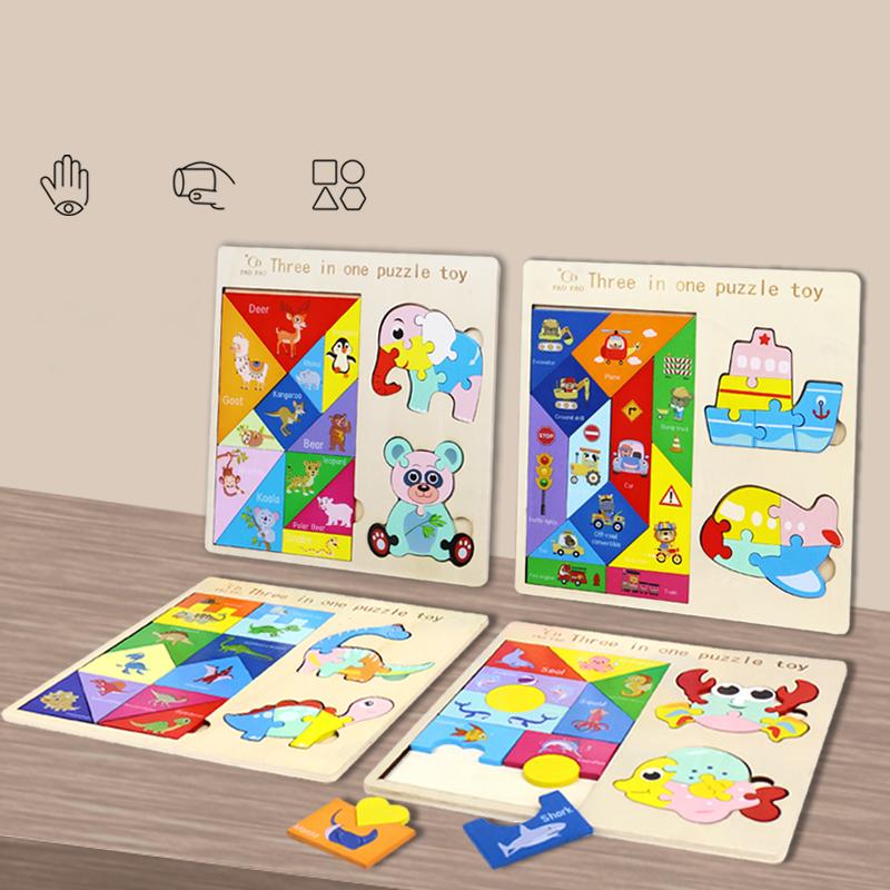 3 In 1 Wooden Tangram Jigsaw Puzzle Toy Educational Creative Geometric Shape Color Cognition Wood Building Blocks Gifts for Kids