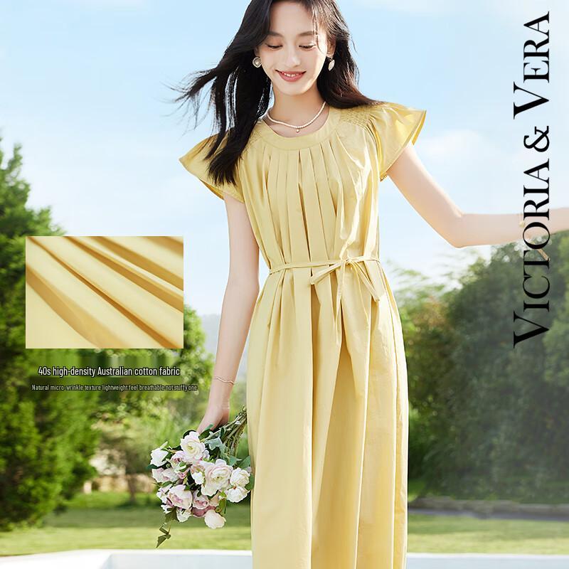 VICTORIA&VERA Women's Flutter Sleeve Tie-Waist Cotton Midi Dress