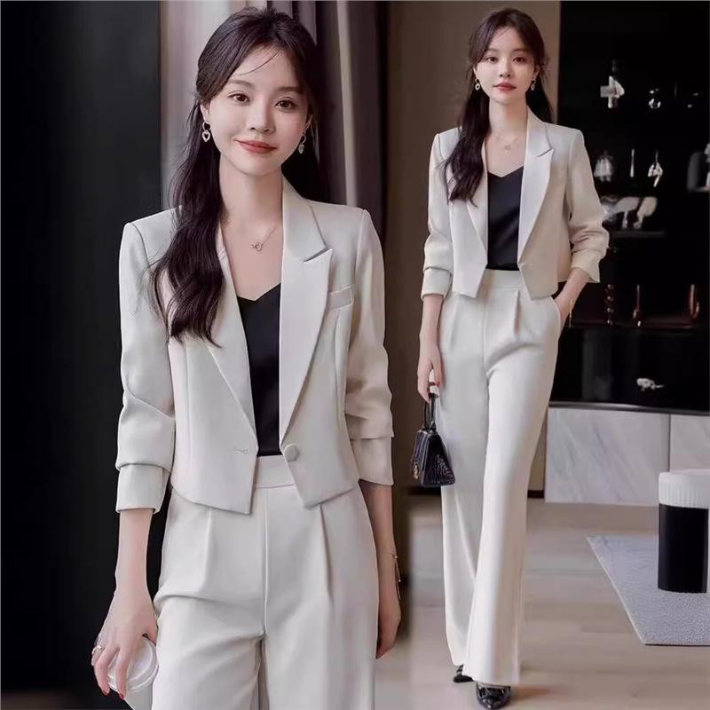 Women s White Blazer & Wide-Leg Pants Suit Set - Spring/Autumn Professional Wear XXL