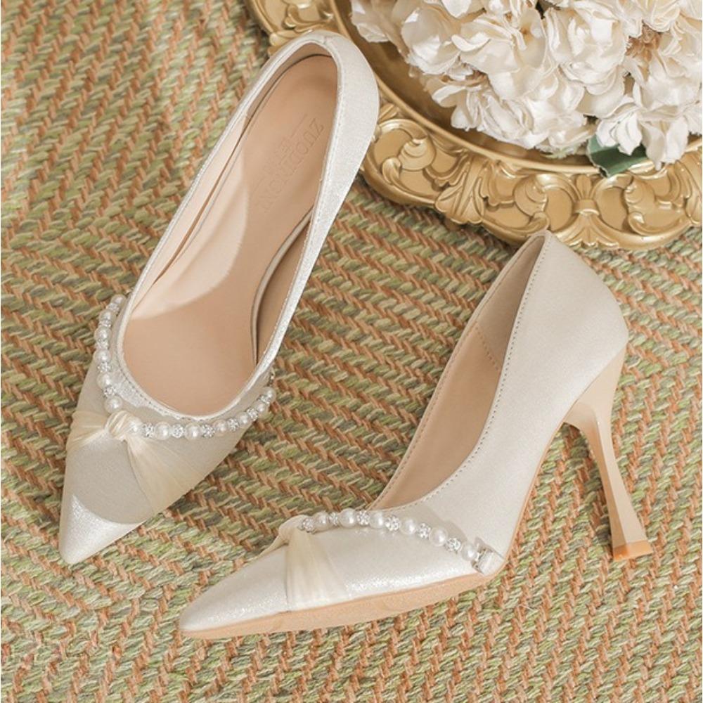 Pointed Stiletto High Heels Women Autumn and Summer New Satin Pearl Pumps Women's Small Size Light Mouth Shoes High Heel Pumps