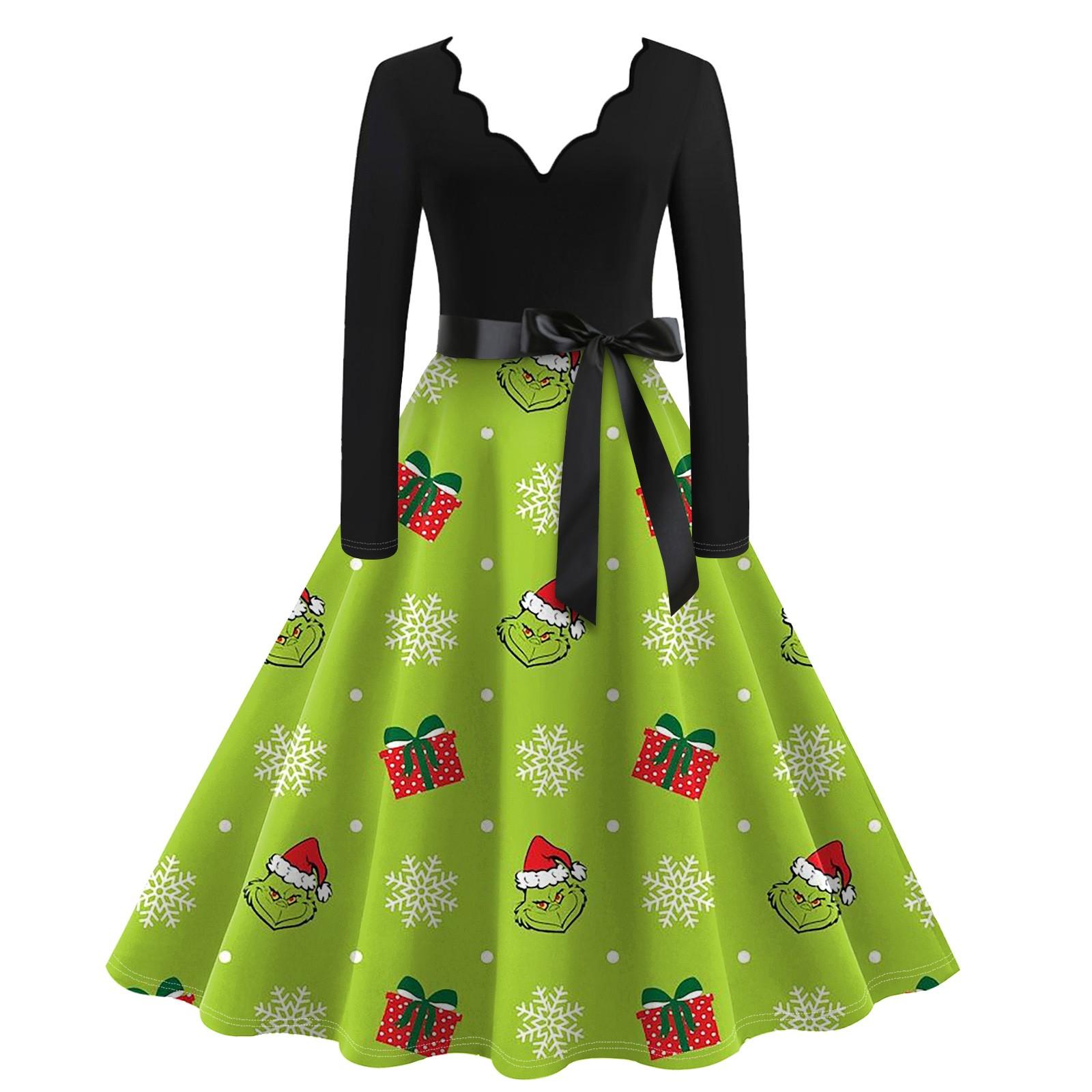 

Женское повседневное модное винтажное платье с V-образным вырезом и длинным рукавом с рождественским принтом XL зелёный