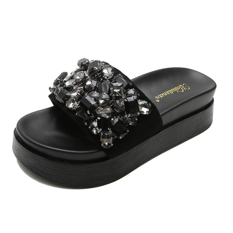 Women's Summer 2022 Trendy Sponge Cake Platform Slippers with Diamond Buckle – Height-Increasing Beach Shoes