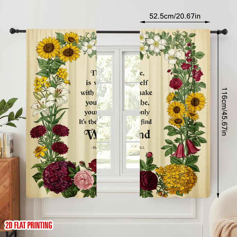 2pcs 2D Flat Printing Curtain Mad Hatter Wonderland Quote Floral Polyester Without Electricity Festive Holiday Perfect for
