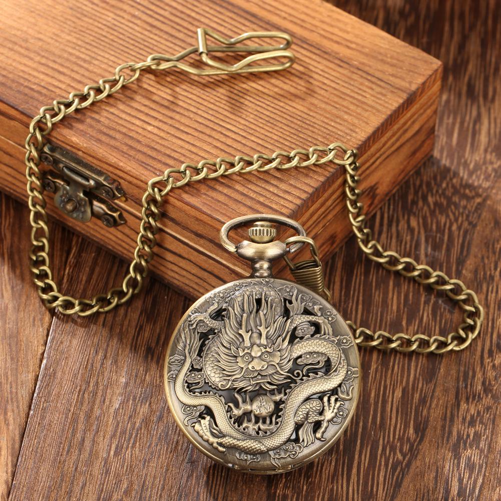 Antique Fashion Dragon Bronze Quartz Pocket Watch Classic Roman Numerals White Dial Necklace Fob Chain Pendant Pocket Timepiece