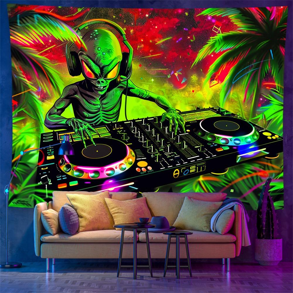 Trippy Kosmita DJ Czarny Światło Gobelin Reaktywny na UV Psychedeliczny Neonowy Dekoracja Ścienna Płaski Druk 2D Skóra Brzoskwiniowa Wystrój Sypialni 150x130
